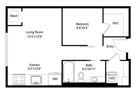 Floor plan for 1 bed, 1 bath, 538 sqft